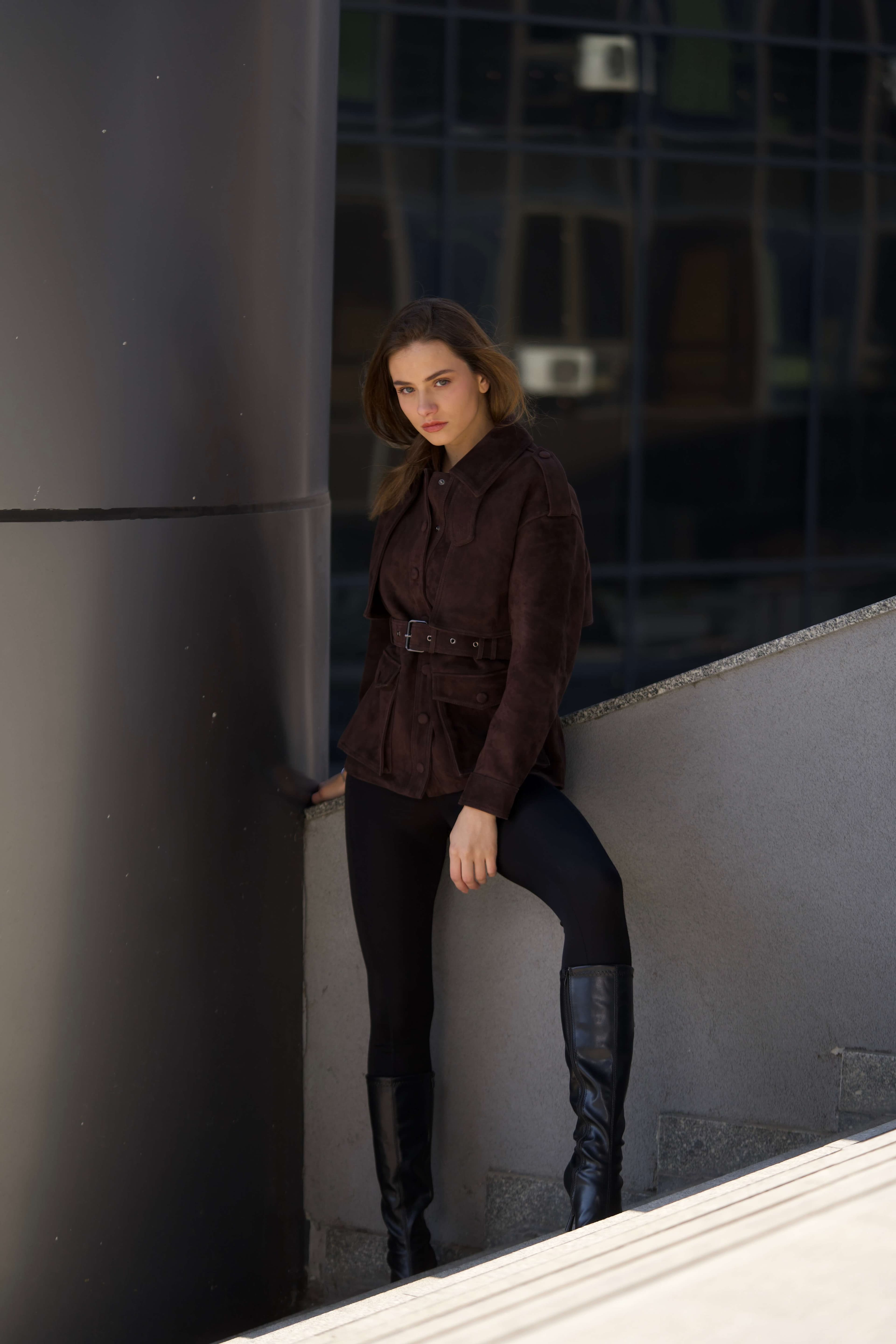 Behind-the-scenes look at a Lustré suede coat photoshoot