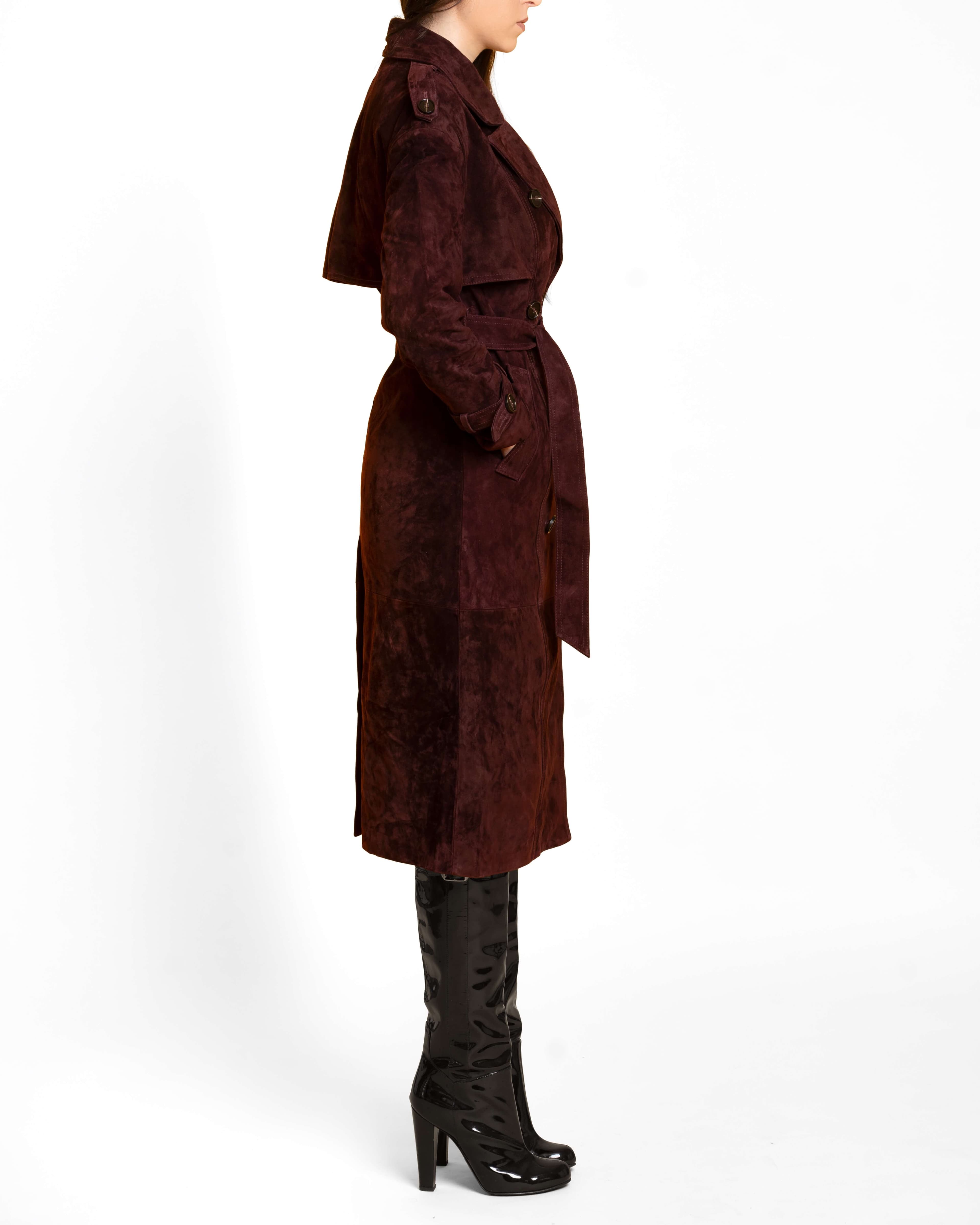 Full-length view of an olive genuine suede coat with structured silhouette