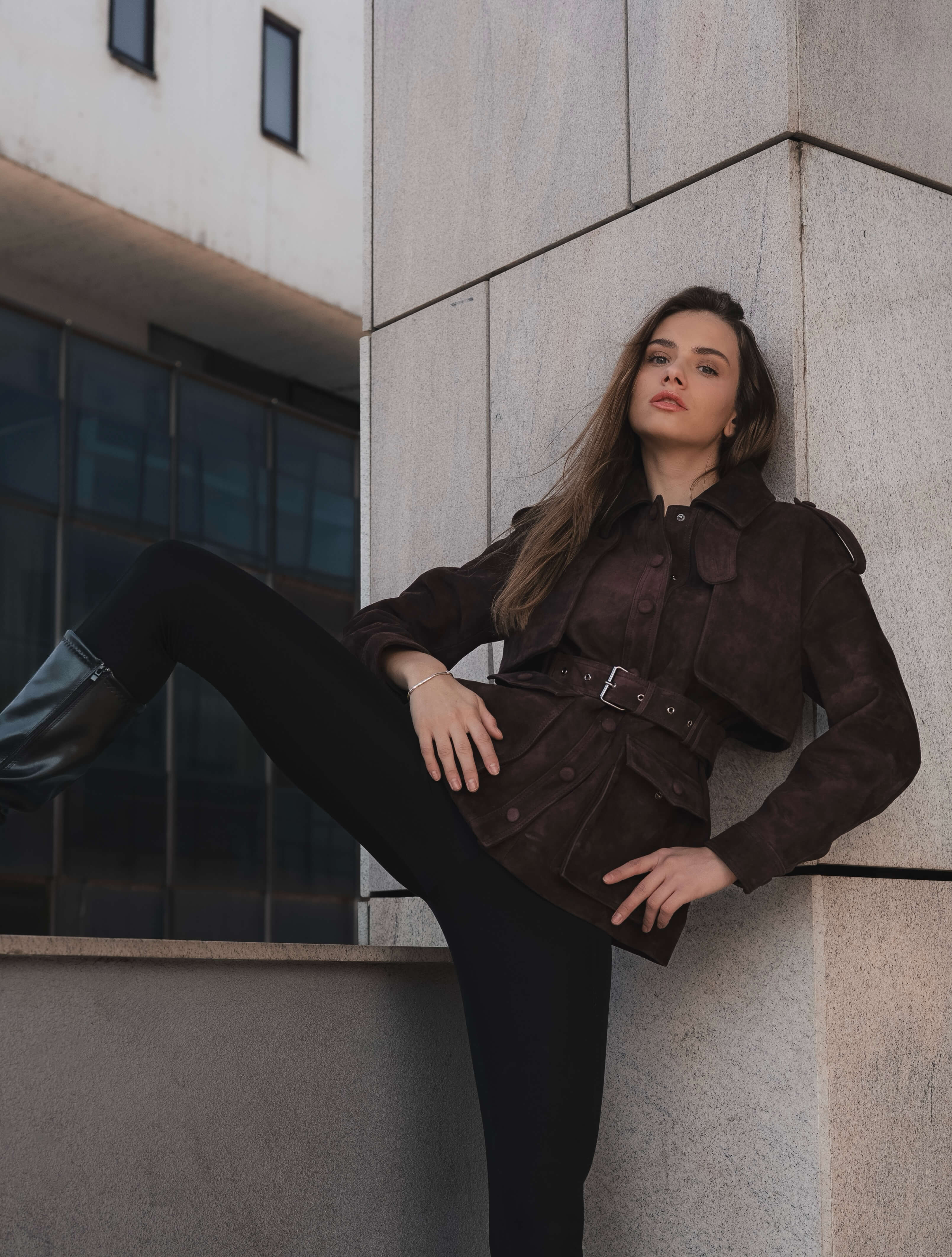 Brown suede jacket close-up – premium suede grain and hand-finished edges