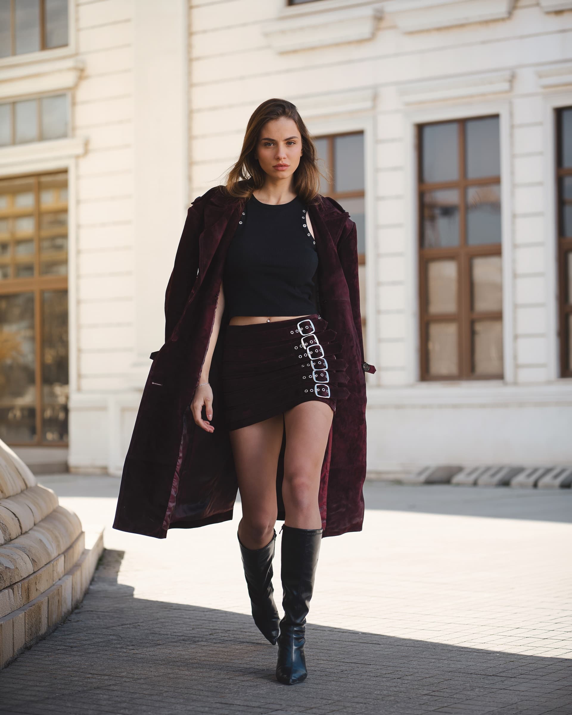 Styled luxury suede coat look from the Lustré Boutique collection