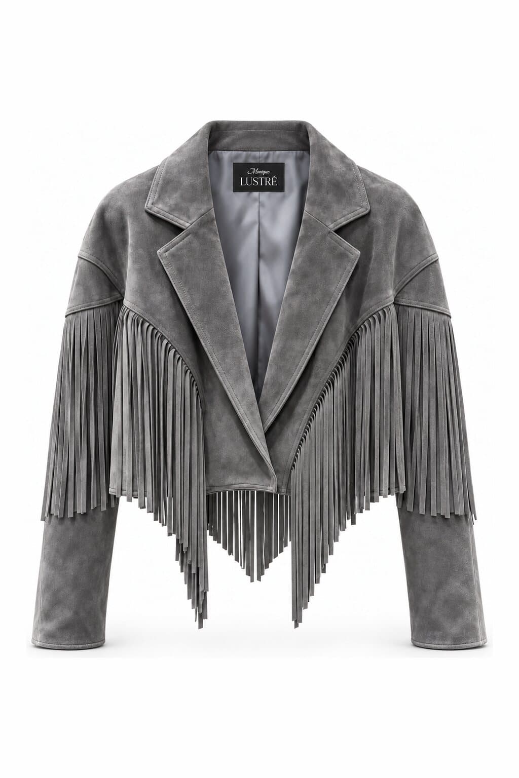 Cheyenne grey suede fringe jacket - cropped charcoal suede jacket with notched lapel in 100% genuine suede, front view