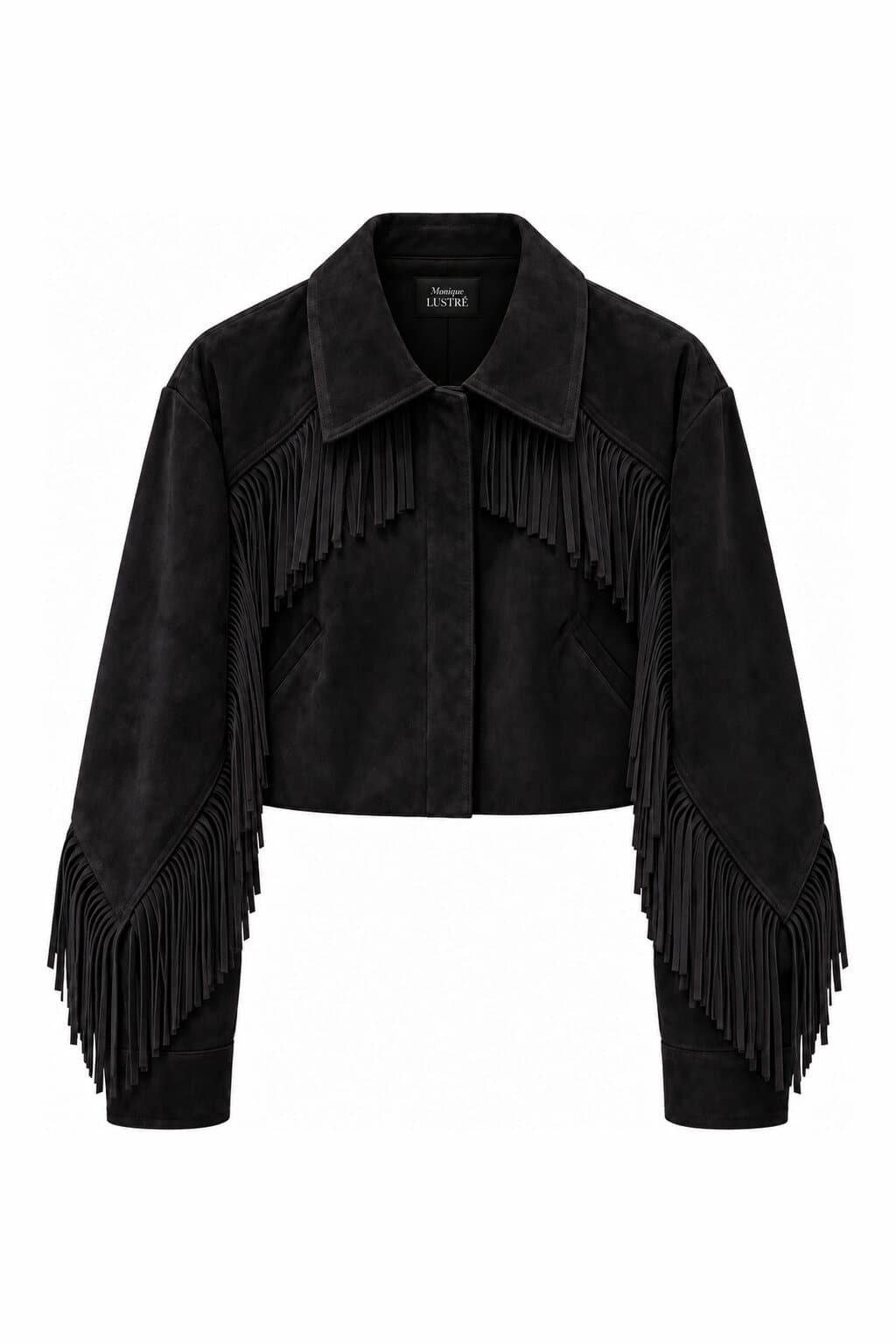 Dakota black suede fringe jacket - cropped western jacket in 100% genuine suede, front view