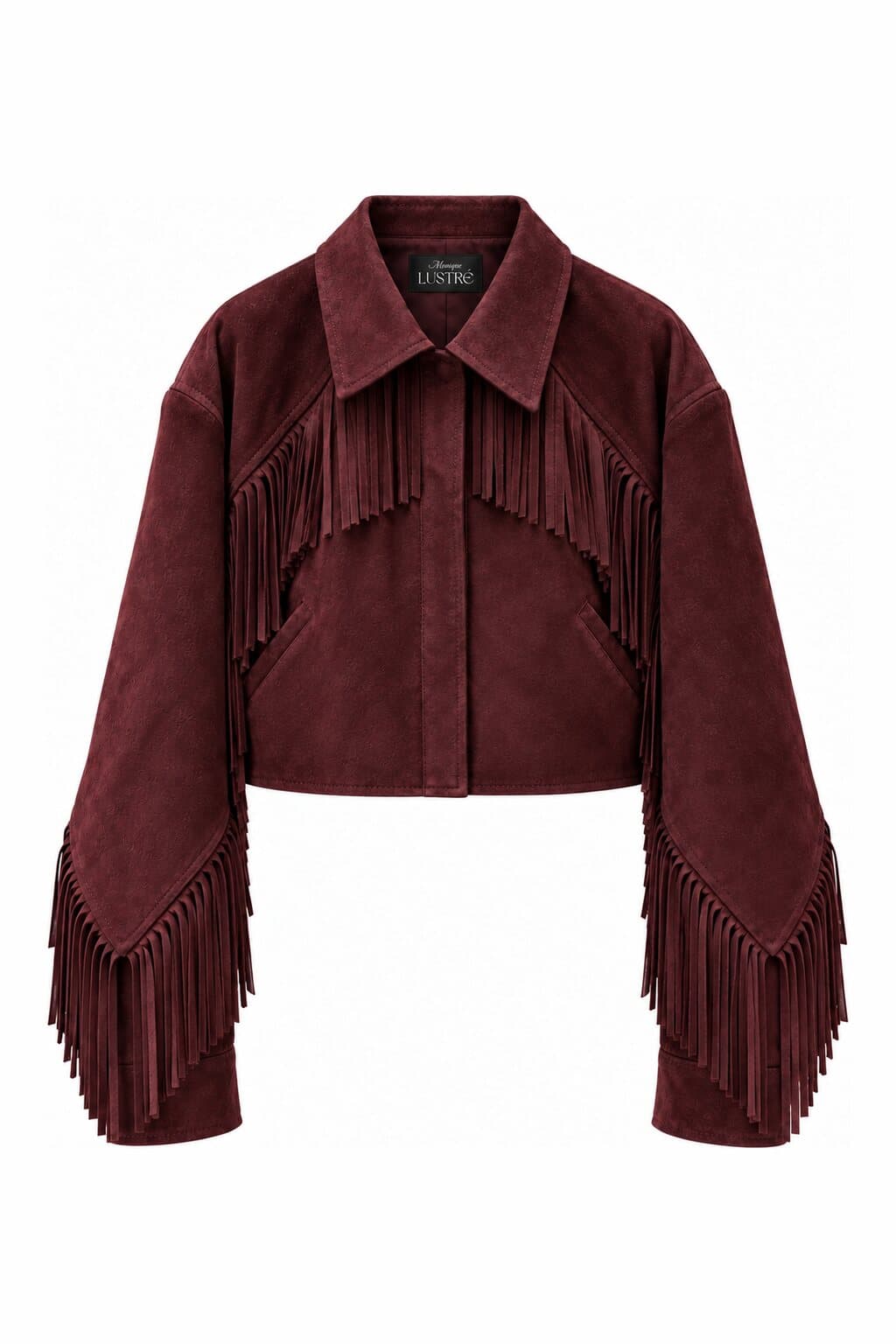 Dakota Bordeaux burgundy suede fringe jacket - cropped western jacket in 100% genuine suede, front view