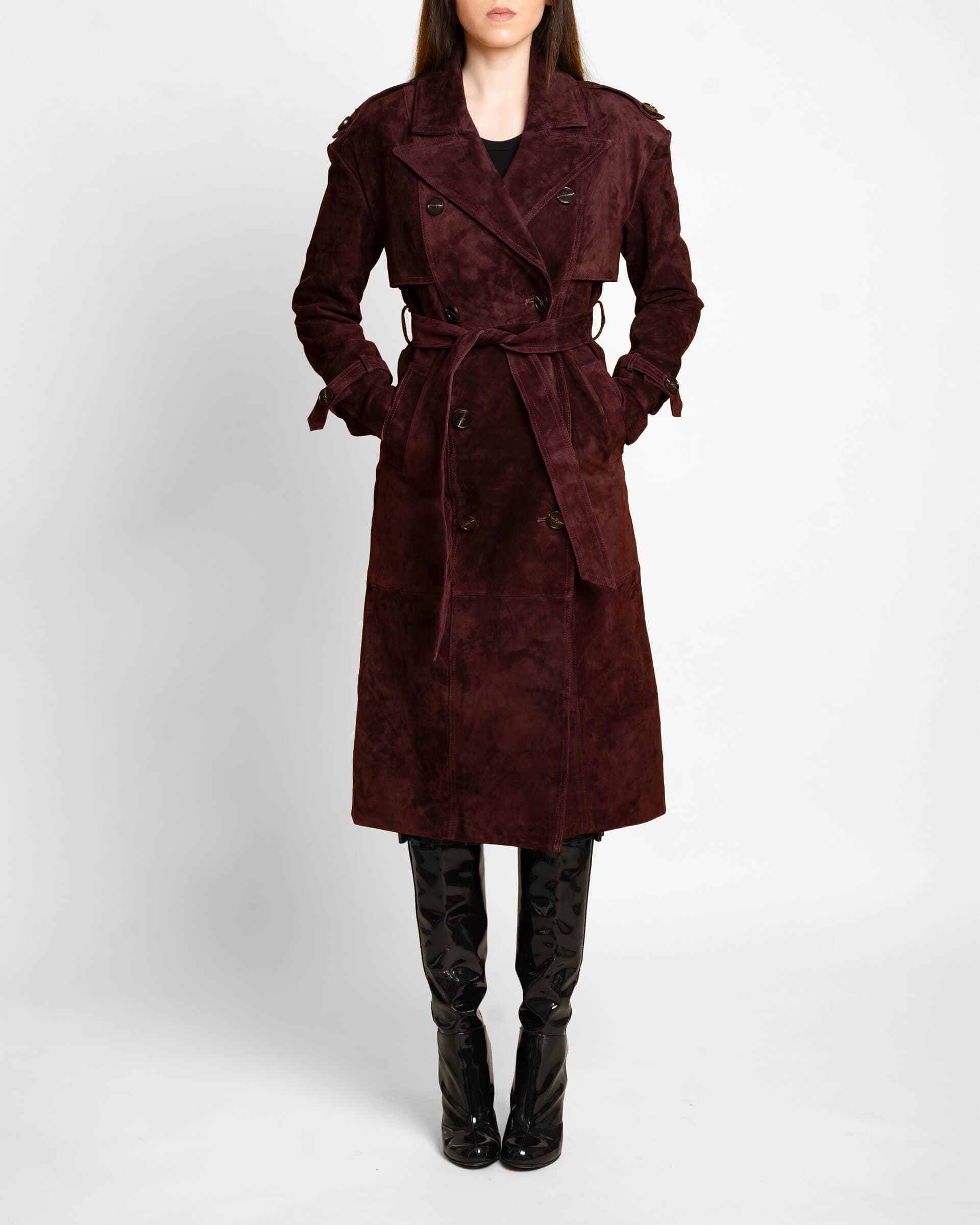 Lustré suede coat exemplifying quiet luxury - soft texture, clean lines, and effortless sophistication