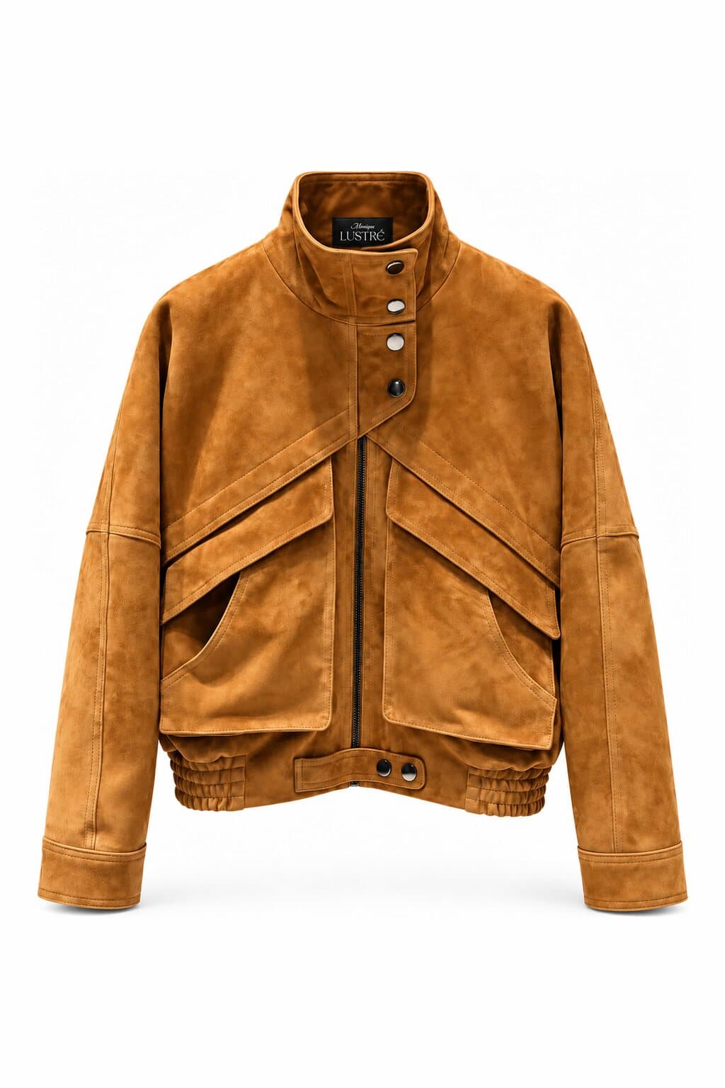 Sierra cognac suede bomber jacket - cropped utility jacket with flap pockets in 100% genuine suede, front view