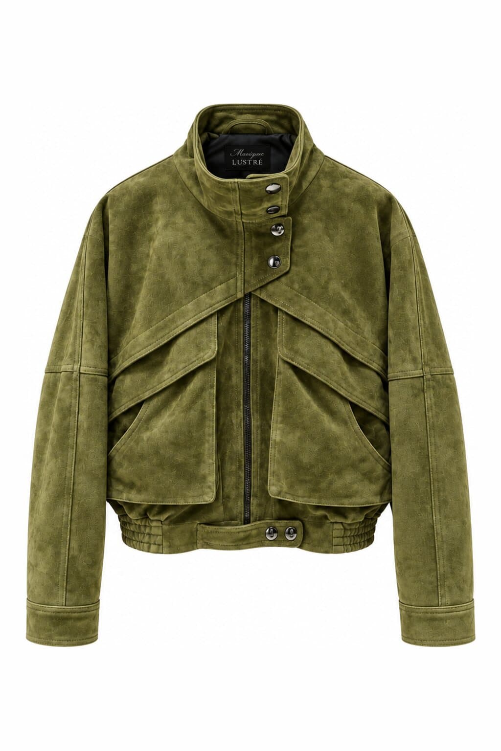 Sierra olive green suede bomber jacket - cropped utility jacket with flap pockets in 100% genuine suede, front view