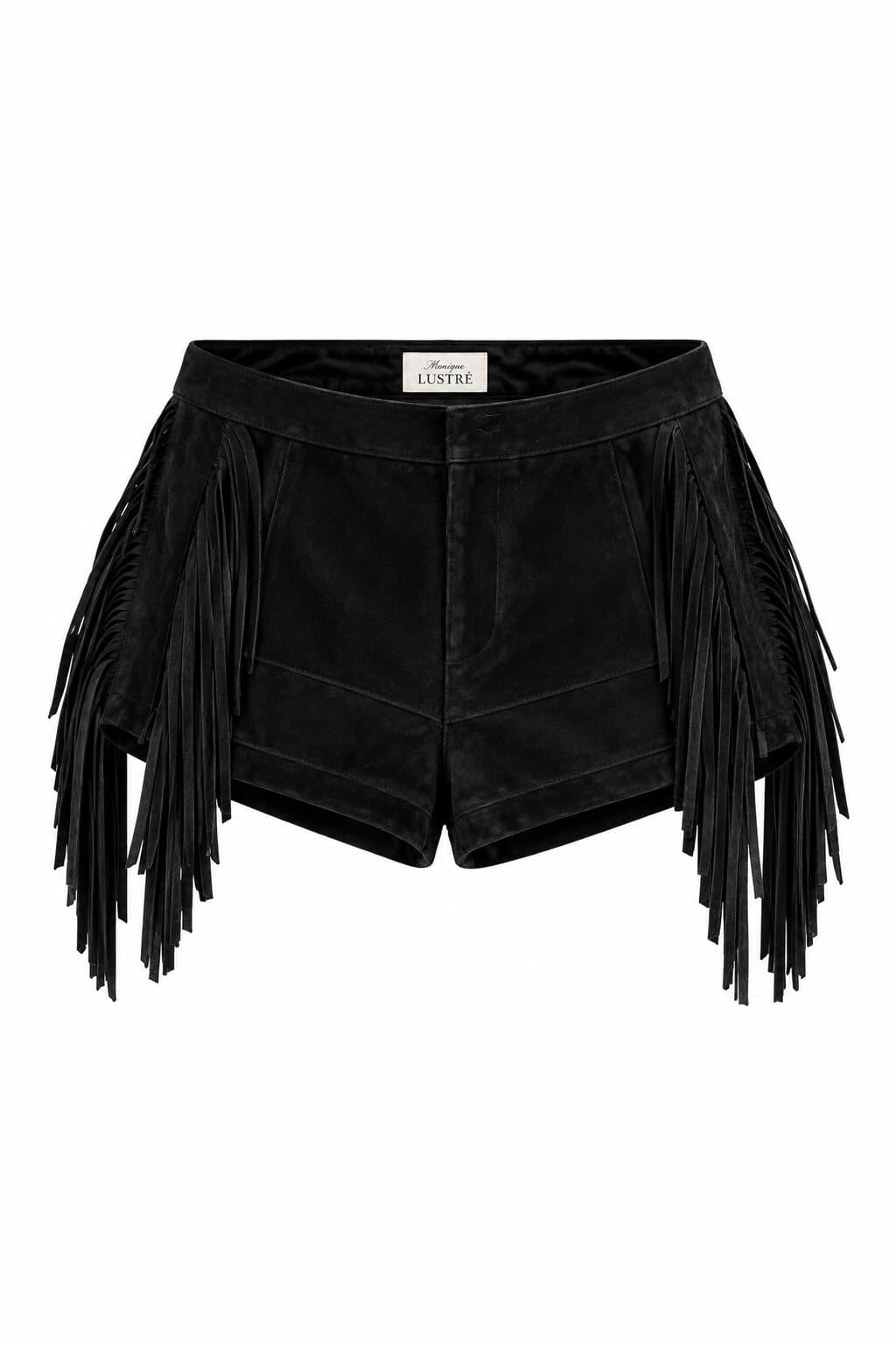 Willa black suede fringe shorts - mini shorts with long side fringe in 100% genuine suede, front view