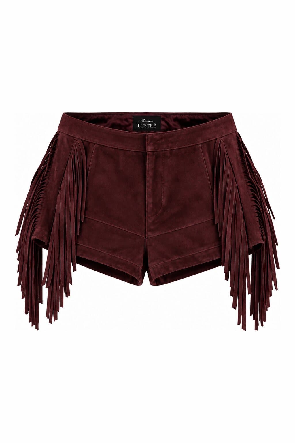 Willa Bordeaux burgundy suede fringe shorts - mini shorts with long side fringe in 100% genuine suede, front view